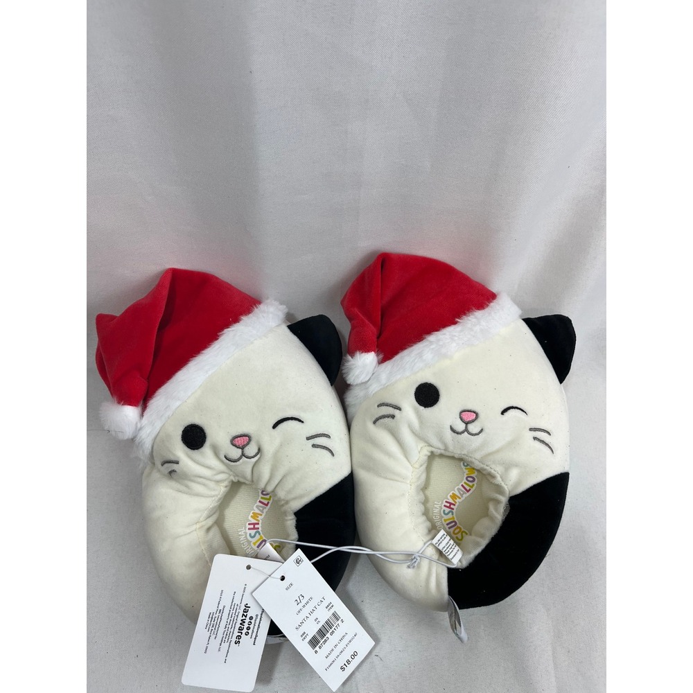 Squishmallows Santa Hat Cat Slippers Kids Size 2/3 Off-White Black Christmas Cam